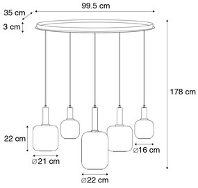 Függőlámpa fekete arannyal és füstüveggel ovális 5-lámpás - Zuzanna