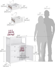 Fehér fürdőszobai szekrény állítható polcokkal, 3 fiókkal