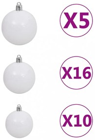 120 részes fehér-szürke karácsonyi gömbszett csúccsal + 300 LED