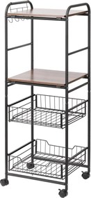 HOMCOM Konyhai Kocsi Kerekekkel 2 Polccal, 2 Kivehető Kosárral és 4 Akasztóval a Étkezőhöz és Fürdőszobához 40x38x111 cm Faragott és Fekete | Aosom