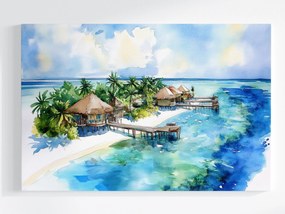 Vászonkép Canvas Egzotikus Sziget Óceán Kunyhók Maldív-szigetek Pálmafák 120x80