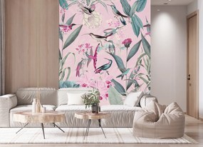 Gario Fotótapéta Madarak és levelek rózsaszín háttéren - Andrea Haase Anyag: Vlies, Méret: 150 x 210 cm