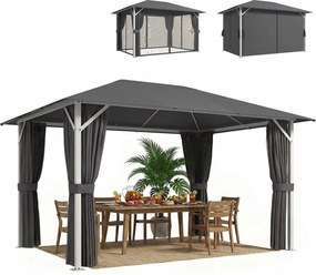 Outsunny kerti pavilon kb. 4 x 3 m, vízálló, masszív és télálló pavilon szúnyoghálóval, 4 oldalfallal, szellőzéssel és vízelvezetéssel, UPF50+ — sötét