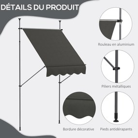 Outsunny Független Kézi Húzható Napernyő 1,5L x 1,2W x 2,1-3H m Állítható Dőlésszögű Erkélyhez Fúrás Nélkül Sötétszürke Fém Alu Poliészter | Aosom