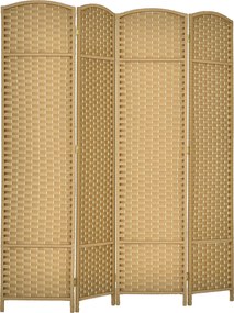 HOMCOM Beltéri Fa Térelválasztó 4 Panel 160 x 170 cm Összecsukható Privát Képernyő Szőtt Felülettel, Elválasztó Parti Élet Térhez, Hálószobához, Ottho