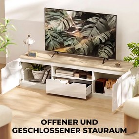 TV-szekrény, 160 x 38 x 43 cm akár 65"-os tévékhez, 3 rekesszel, fiókkal, natúr fa