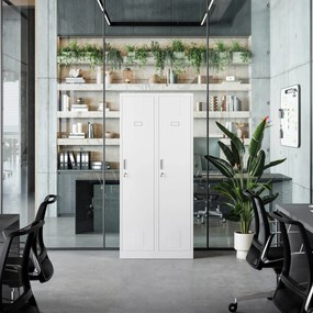 Pléh öltözőszekrény talpazaton, kétmodulos, polccal és köztes fallal KACPER, 800 x 1800 x 500 mm, fehér