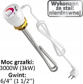 Fűtőtest 3000W (3kW) 6/4'' 1 1/2" Tolim bojlerhez Puffer termosztáttal