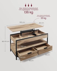 VASAGLE magasságban állítható dohányzóasztal, 50 × 100 cm, karamellbarna–tintafekete színben