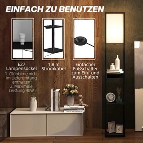 HOMCOM Állólámpa 3-szintes polccal, lábkapcsolóval, USB portokkal, MDF, fekete