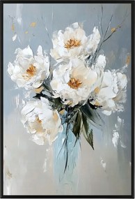 Poszter Keret Alumínium Olaj Impasto Virágok Fehér Bazsarózsa Csokor 40x60