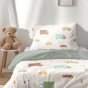 Goldea gyermek pamut ágyneműhuzat duo - az autók világa, zsálya színű hátoldal 140 x 200 és 70 x 90 cm