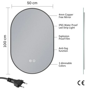 Erga Freya, ovális LED tükör 50x100cm fekete fém keretben, 3 világos szín, háttérvilágítás, páramentes fűtőpárna, ERG-V01-FREYA-5010-BK