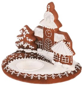 Gingerbread candle holder with church - polyresin,brown and white