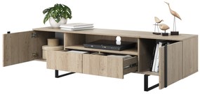 Verica 200 cm-es TV-szekrény nyitott polccal - szivacsos tölgy / fekete lábak