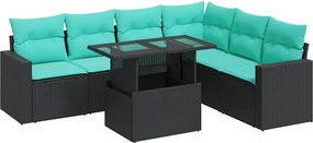 vidaXL 7 részes fekete polyrattan akácfa kerti ülőgarnitúra párnákkal