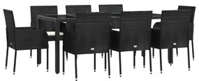 9 részes fekete polyrattan kerti étkezőgarnitúra párnákkal