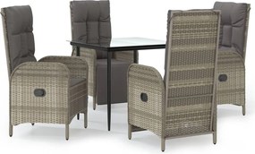 vidaXL 5 részes fekete és szürke polyrattan kerti étkezőszett párnával