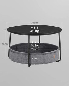 SALMA dohányzóasztal tárolókosárral, Ø 75 cm, fekete