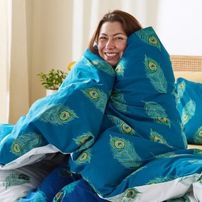 Fehér-kékeszöld kétszemélyes pamut ágyneműhuzat 200x200 cm Peacock Feather – Their Nibs