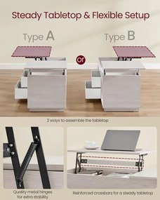 Dohányzóasztal, felemelhető asztallapos dohányzóasztal 2 fiókkal és rejtett rekesszel, bézs