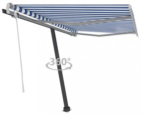 kék és fehér kézzel kihúzható póznás napellenző 350 x 250 cm