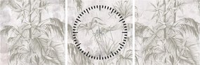 Kép - Trópusi növények a falon szürke színben (órával) (90x30 cm)