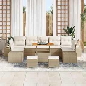 10 darabos kert kanapé szett párnákkal Bézs poly rattan akácia, 2 személyes kert kanapé párnákkal Bézs poly rattan, 3 darabos kert étkező szett párnákkal Bézs poly rattan akácia