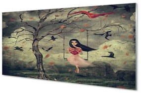 Akrilkép Fa madarak felhők girl rock 125x50 cm