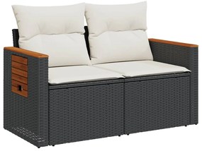 2 személyes fekete polyrattan kerti kanapé párnával