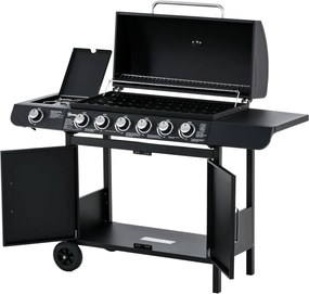 Outsunny 20KW Gázgrill Kocsi 7 Rozsdamentes Acél Égővel, Oldali Égő, Nyomásszabályzó, Gáz Tömlő, Fedél, 2 Fűtési Zóna, Hőmérő, Oldalsó Polcok, BBQ Ker