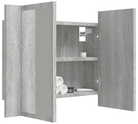 szürke sonoma színű szerelt fa tükörszekrény LED-del 60x12x45cm