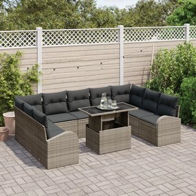 10 Darabos Kerti Kanapés Szett Párnákkal Szürke Poli Rattan, 2-Fős Kerti Kanapé Tárolóval és Párnákkal Szürke Poli Rattan