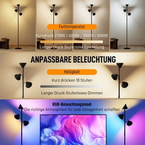 HOMCOM Állólámpa olvasólámpával, RGB színváltós, 3 forgófej, távirányítóval fekete