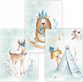 Erdei állatok Boho Szarvas róka mackó szett 3 db Poszter 21x30cm #234