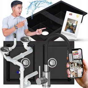 Gránit Mosogató Kétrekeszes Fekete Konyhai Csapteleppel, 7in1 Szifonnal