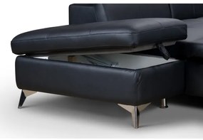 Fekete, balos, bőrkárpitos, L-alakú SALERNO II sarokkanapé, ággyá nyitható