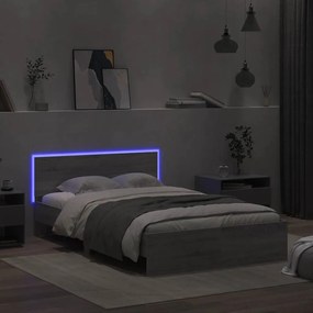 szürke sonoma színű ágykeret fejtámlával és LED-del 135x190 cm