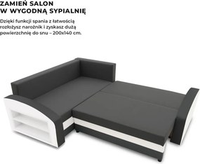 Grande sarokkanapé polcokkal , polc a bal karfaban, baloldali, szövet anyag, hab töltet, szürke - fehér
