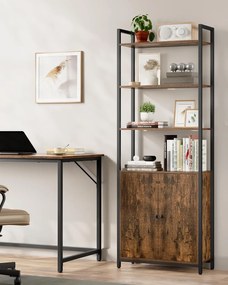 Könyvespolc, 6 szintes, állópolc ajtókkal, 24 × 60 × 159,5 cm, vintage barna–tintafekete