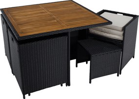 Kerti rattan szett, akácfa, fekete/krémszínű/természetes, MELFORD