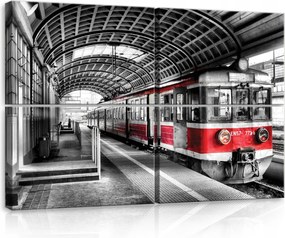 Vászonkép 120x80 Vonat állomás peron sínek vasút piros monokróm