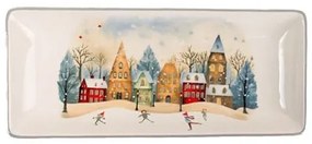 karácsonyi kerámia tálca - 28x3x12 cm Korcsolyázós életkép