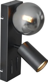 Modern fekete fali lámpa 2 égős, dönthető USB-C porttal - Lesly