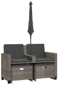 2 személyes szürke polyrattan kerti kanapé napernyővel/székkel