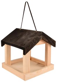 Felakasztható fa madáretető, fekete tetővel, 23 cm