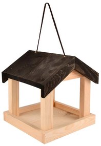 Felakasztható fa madáretető, fekete tetővel, 23 cm