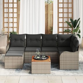 7 darabos kertiszófa szett párnákkal szürke poli rattan akáccal, 2 személyes kertiszófa tárolóval és párnákkal szürke poli rattan