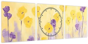 Kép - Lila és sárga virágok (órával) (90x30 cm)