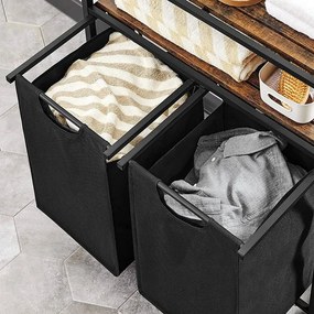 VASAGLE szennyesválogató 2 kihúzható, kivehető zsákkal (2 × 46 l) és 2 polccal, rusztikus barna-fekete